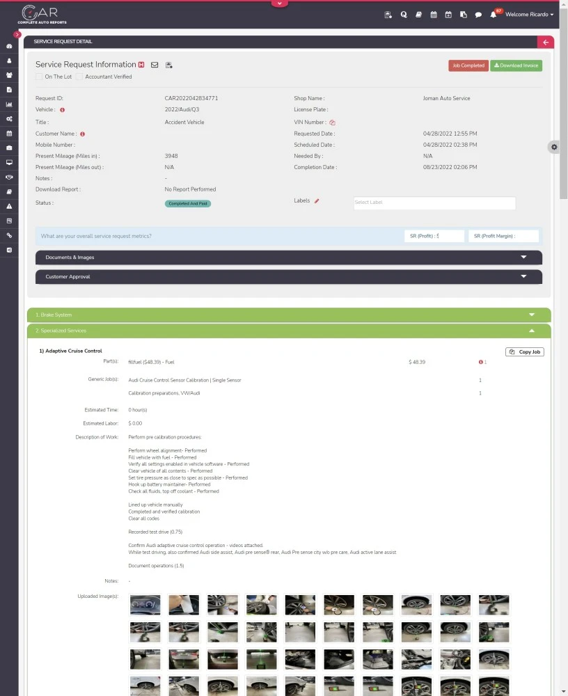 CAR Completed Service Request With ADAS Blueprint Calibration Photos