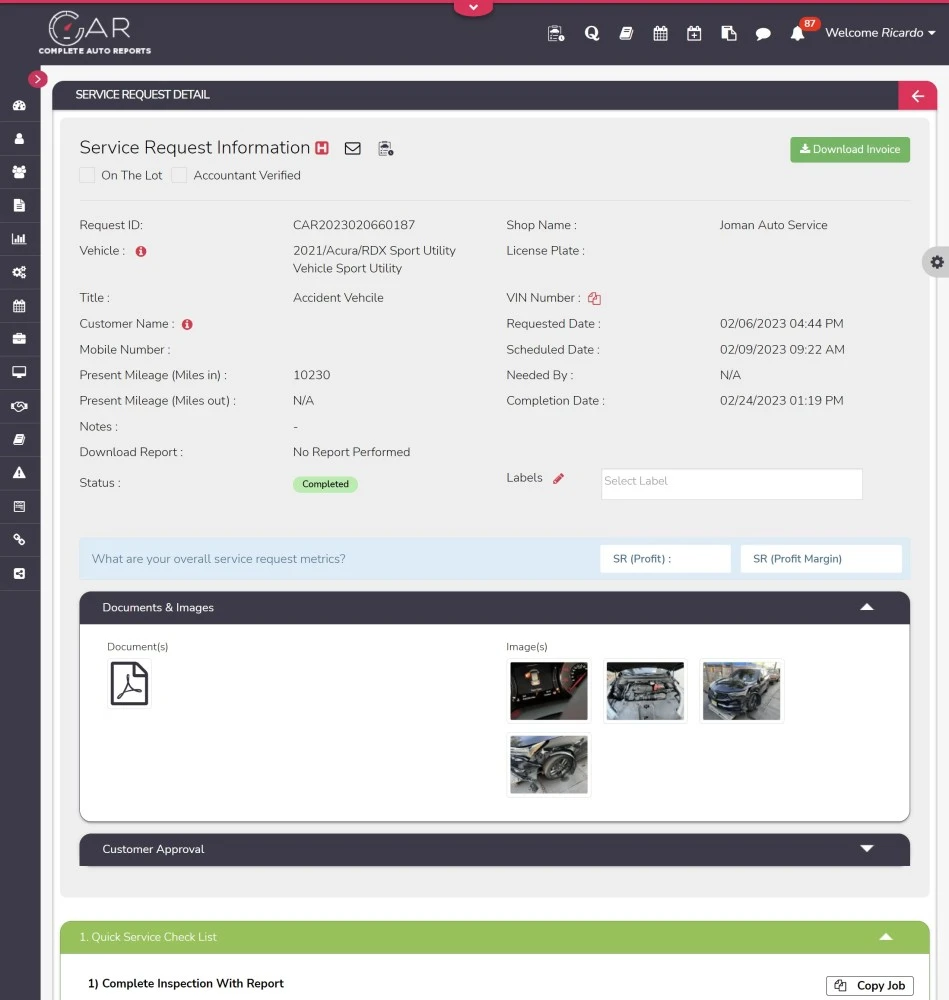 CAR's Shop Management System Service Request Showing A Vehicle With Accident Damage