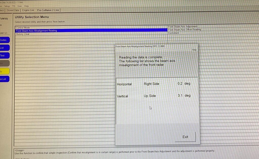 Techstream Printscreen of Radar Calibration Check Reading